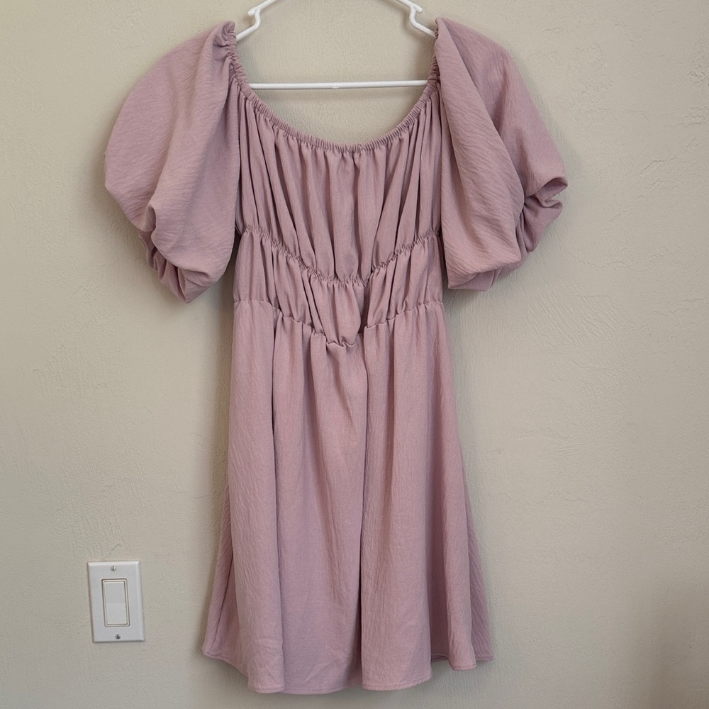 Pink Puff Sleeve Dress On Off Shoulder Romantic Style